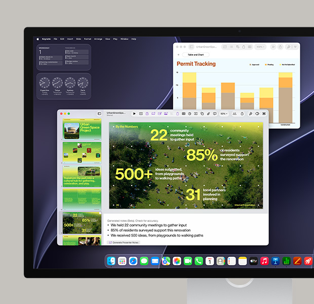 macOS screen, displaying a Keynote presentation, a data chart, open Calendar app and Dock apps