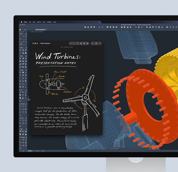 Studio&nbsp;Display, Autodesk AutoCAD software open, STEM work displayed on screen, alongside Notes app