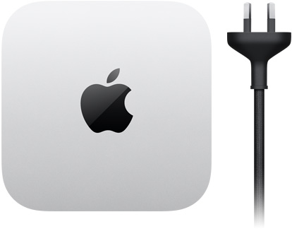 Mac mini, top, silver aluminium, square, rounded corners, glossy black Apple logo centred, black power cord with two-prong power plug