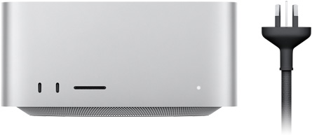 Mac Studio, front, two USB-C ports, SDXC card slot, status indicator light, tapered base at bottom, flat top, rounded sides, straight edges, silver colour, black power cord with three-prong power plug