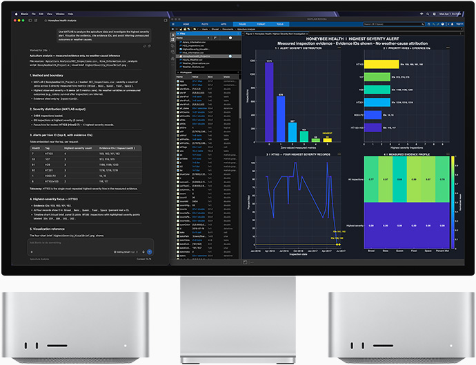 Studio Display XDR, screen shows data about honeybee health in the apps LM Studio Bionic and MATLAB, Mac Studio, front view