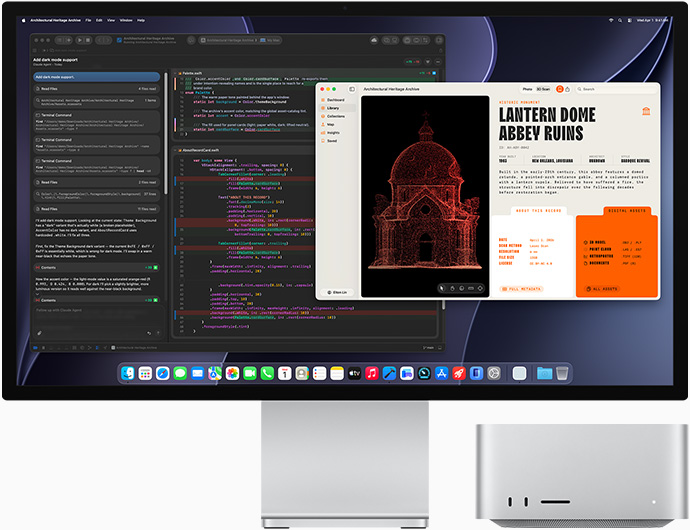 Studio Display XDR, screen shows document in process in Claude Agent in XCode, Mac Studio, front view