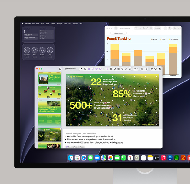 Ekran macOS z widoczną prezentacją Keynote, wykresem danych, otwartą aplikacją Kalendarz i aplikacjami w Docku