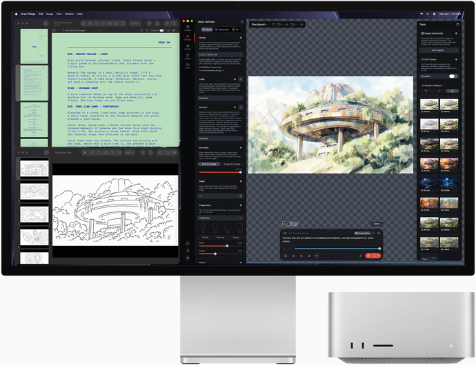 Studio Display XDR, na ekranie widać rysunki architektoniczne w aplikacjach Draw Things, Pages i Keynote, Mac Studio, widok z przodu