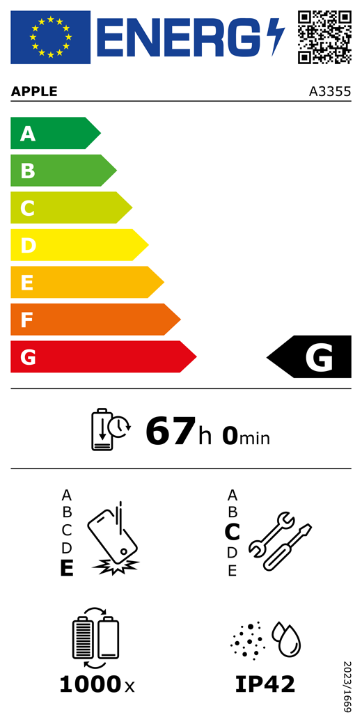 QR kód a informácie na energetickom štítku EÚ, model Apple A3355, trieda G, triedy energetickej účinnosti (so stupnicou od A po G), A (najúčinnejšia) až G (najmenej účinná), výdrž batérie na jeden cyklus, 67 hodín a 0 minút na plné nabitie batérie, trieda spoľahlivosti pri opakovanom voľnom páde E, A (najodolnejšia) až E (najmenej odolná), trieda opraviteľnosti C, A (najopraviteľnejšia) až E (najmenej opraviteľná), výdrž batérie 1000 cyklov, stupeň ochrany proti vniknutiu prachu a vody (IP) IP42, nariadenie 2023/1669
