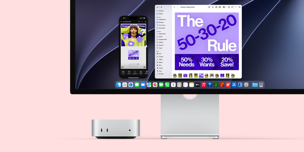 ด้านหน้าของ Mac mini วางอยู่ใต้หน้าจอ Studio Display แสดงการสะท้อนหน้าจอ iPhone ที่มีโพสต์เกี่ยวกับหัวข้อเรื่อง Finance Fridays บนโซเชียลมีเดีย
