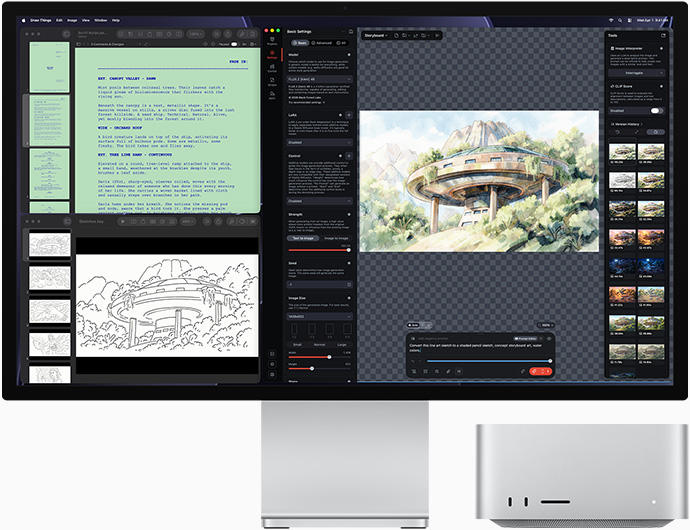 Studio Display XDR, screen shows architectural drawings in Draw Things, Pages, and Keynote, Mac Studio, front view