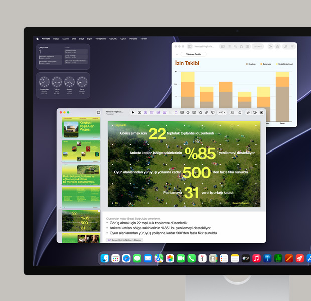 macOS ekranında bir Keynote sunumu, bir veri tablosu, açık Takvim uygulaması ve Dock uygulamaları gösteriliyor