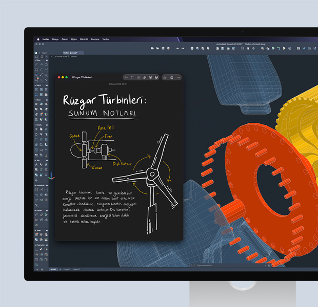 Studio Display, Autodesk AutoCAD yazılımı açık, ekranda STEM çalışması ve yanında Notlar uygulaması gösteriliyor