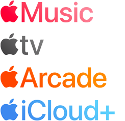 Apple 訂閱服務標誌，包括 Apple Music、Apple TV、Apple Arcade、iCloud Plus