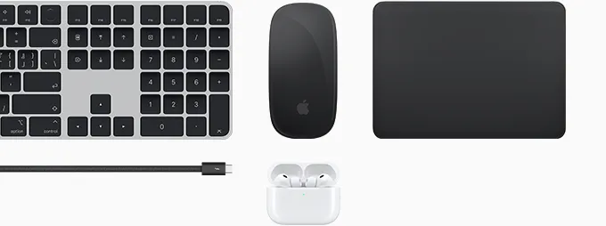 一系列配件，包括含 Touch ID 的巧控鍵盤、巧控滑鼠、巧控板、Thunderbolt 5 Pro 連接線和 AirPods Pro