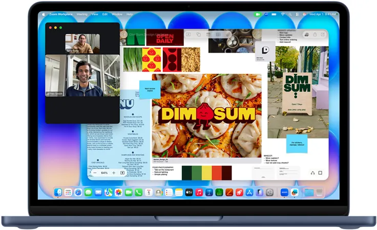 靛青色 MacBook Neo，螢幕上顯示正在進行視訊通話，無邊記 app 視窗展示港式點心餐廳的菜單、美食照片和插圖