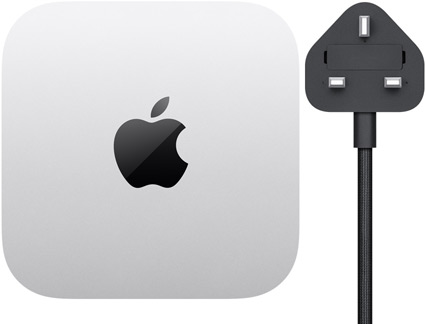 Mac mini, top, silver aluminum, square, rounded corners, glossy black Apple logo centered, black power cord with two-prong power plug