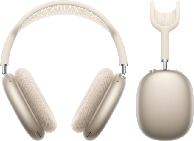 AirPods Max 2 headphones, front exterior and side profile view, starlight color