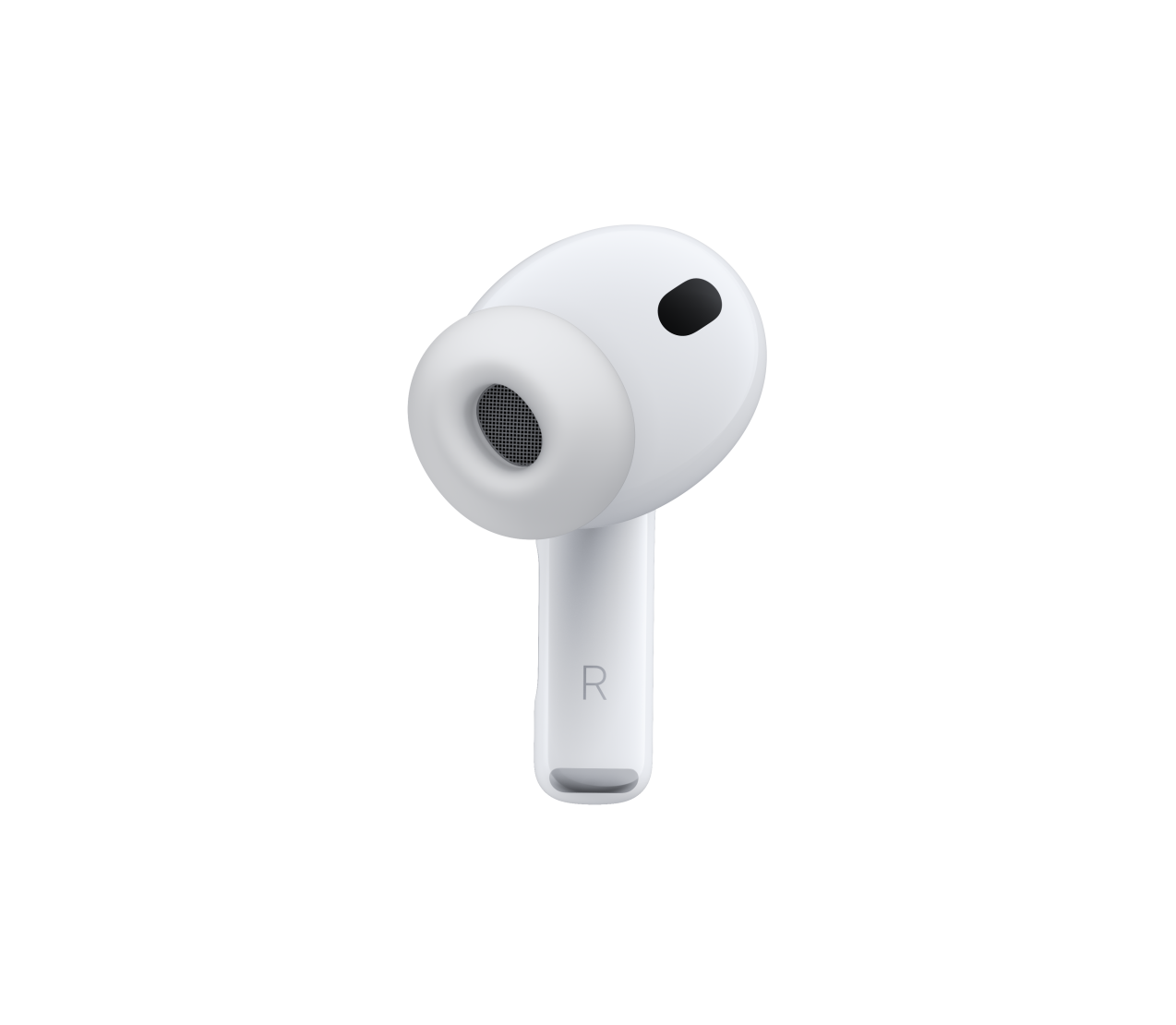 AirPods Pro 3, culoare albă, microfon cu anulare a zgomotului, adaptor auricular din silicon, tija scurtă are litera R