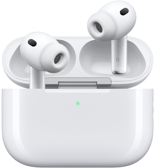 AirPods Pro 3 și carcasa de încărcare MagSafe (USB‑C), exterior rotunjit al carcasei, indicator LED de alimentare, capacul carcasei deschis, culoare albă, căști wireless cu adaptoare auriculare din silicon, interiorul tijei are litera L și litera R
