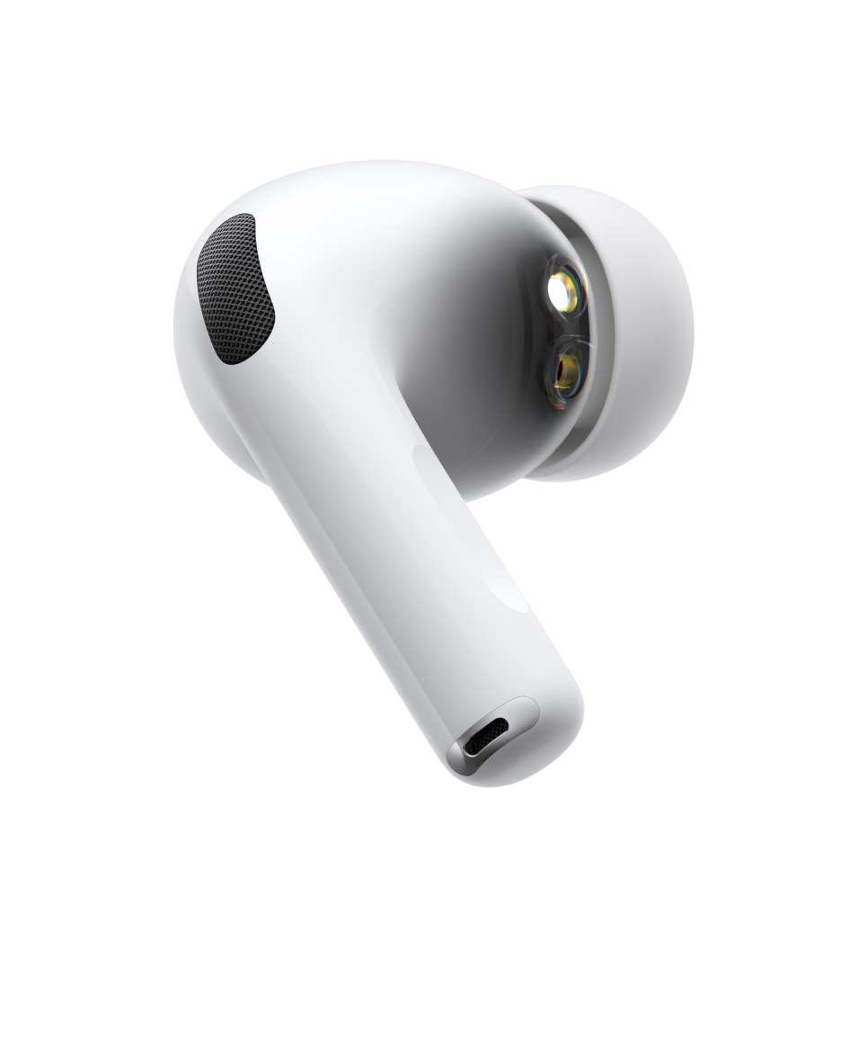 AirPods Pro 3, căști wireless, culoare albă, exterior lateral, tijă tubulară scurtă, microfon cu anulare a zgomotului, adaptor auricular din silicon, undă pulsatorie