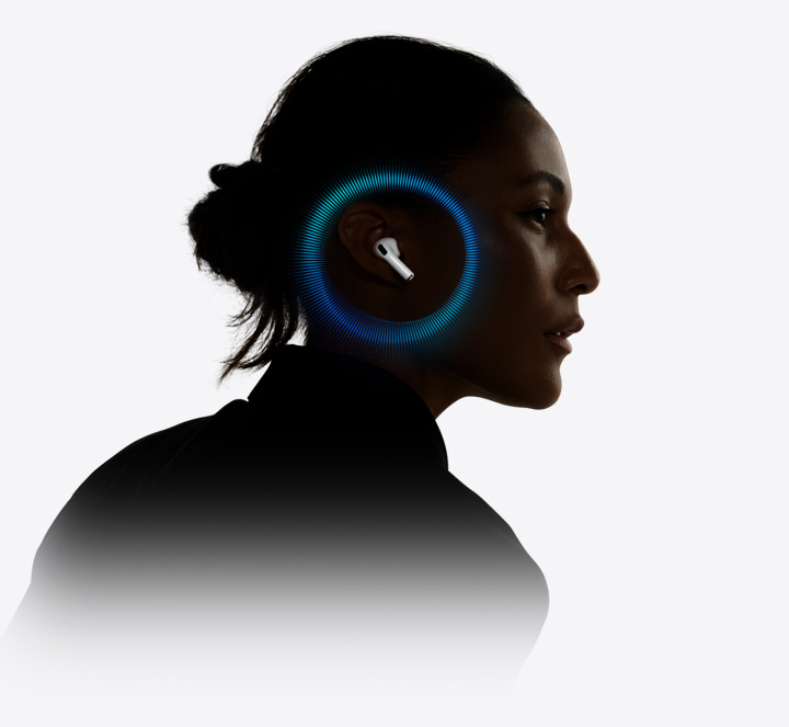 A person wearing AirPods Pro 3 with soundwaves around their ear.