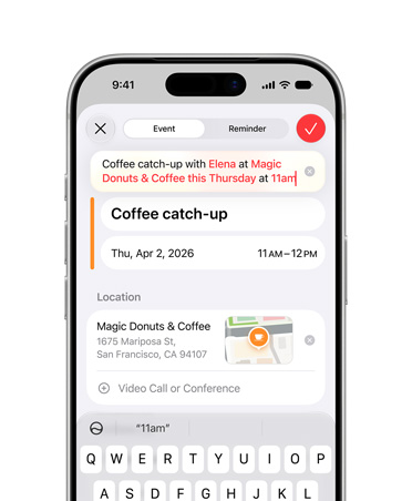 iPhone 17 Pro Silver, screen showing Apple Intelligence creating a Calendar event based off description provided by user