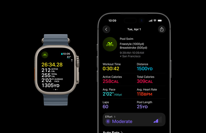 Apple Watch Ultra 3, Farbe Natur, Titangehäuse, Ocean Armband, Farbe Maritimblau, aktives Schwimmtraining, grössere Aufschlüsselung der Trainingsdaten auf dem iPhone