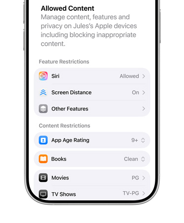 iPhone displaying content and privacy restrictions options for Child Account.