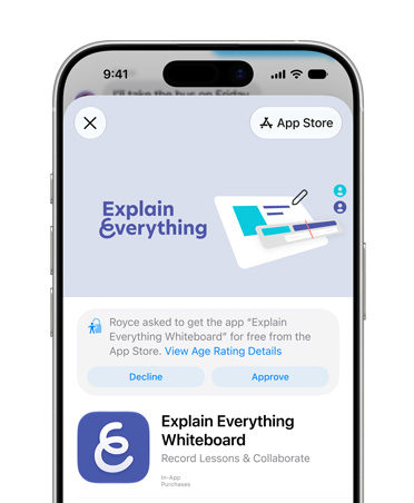 iPhone displaying the Explain Everything Whiteboard product page within the App Store, prompting the user to decline or approve access for a Child Account.