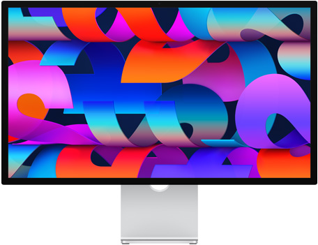 Vue avant du Studio Display avec un fond d’écran coloré évoquant un ruban