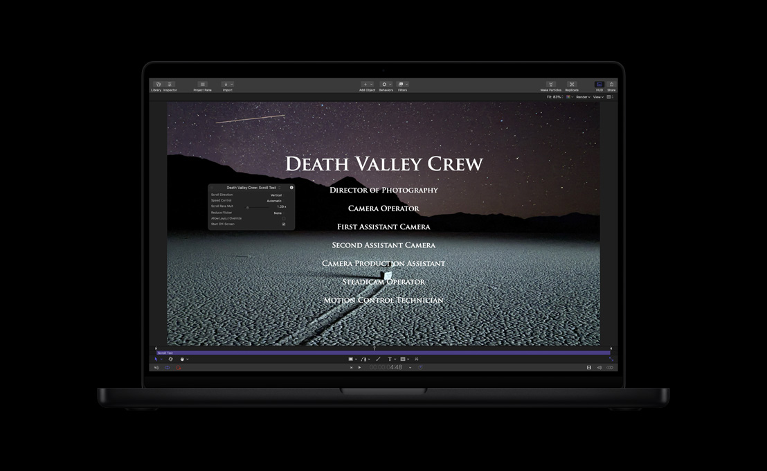 MacBook Pro 16, demonstration of credit rolls for video about Death Valley