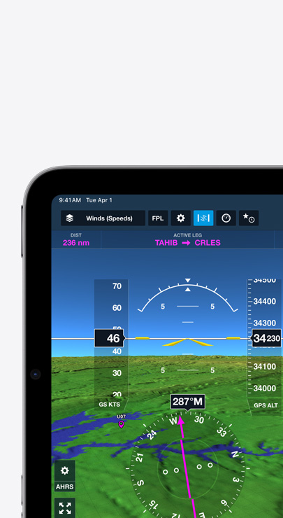 Een iPad geeft de windsnelheid en -richting weer op een topografische vluchtkaart met lijnen die bergen voorstellen.