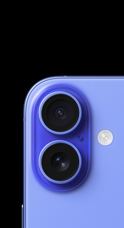 De linkerhoek van een iPhone in Ultramarijn met twee cameralenzen boven elkaar op de achterkant van de telefoon
