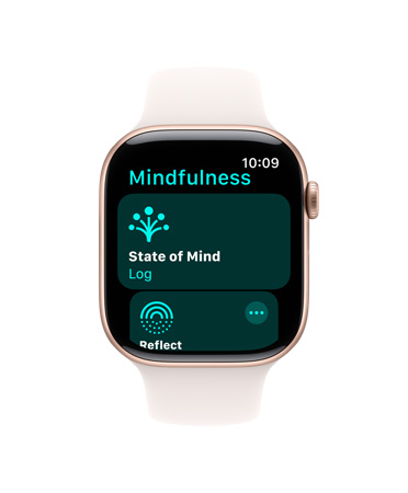 Apple Watch Series 11, bílý sportovní řemínek, zobrazené softwarové položky Všímavost, Stav mysli, Záznam