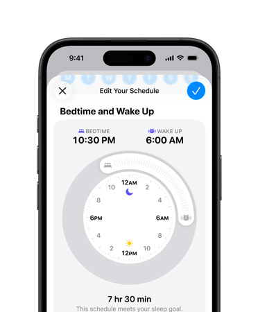 iPhone 16 zepředu, zobrazené softwarové položky Zdraví, Večerka, Světlý režim, Rozvrh