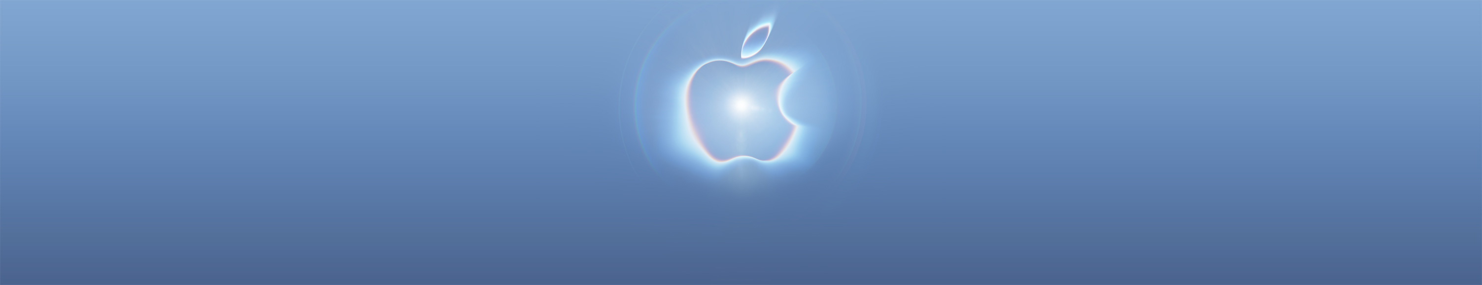 Apple logo with a glowing neon effect in blue and pink hues, a bright white flare at its center, on a gradient background