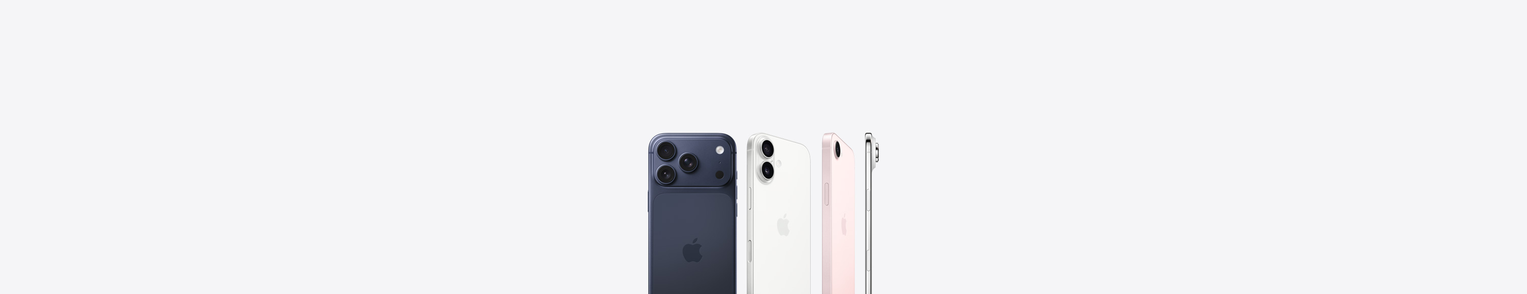 iPhone 17 Pro، من الخلف، لون أزرق داكن، نظام كاميرا Pro Fusion في الزاوية العلوية اليسرى، شعار Apple في المنتصف، iPhone 17، من الخلف، لون أبيض، نظام كاميرا Dual Fusion في الزاوية العلوية اليسرى، شعار Apple في المنتصف، iPhone 17e، من الخلف، لون وردي ناعم، نظام كاميرا Fusion في الزاوية العلوية اليسرى، شعار Apple في المنتصف، iPhone Air، من الجانب، إطار من التيتانيوم، نظام كاميرا Fusion في الزاوية العلوية اليسرى