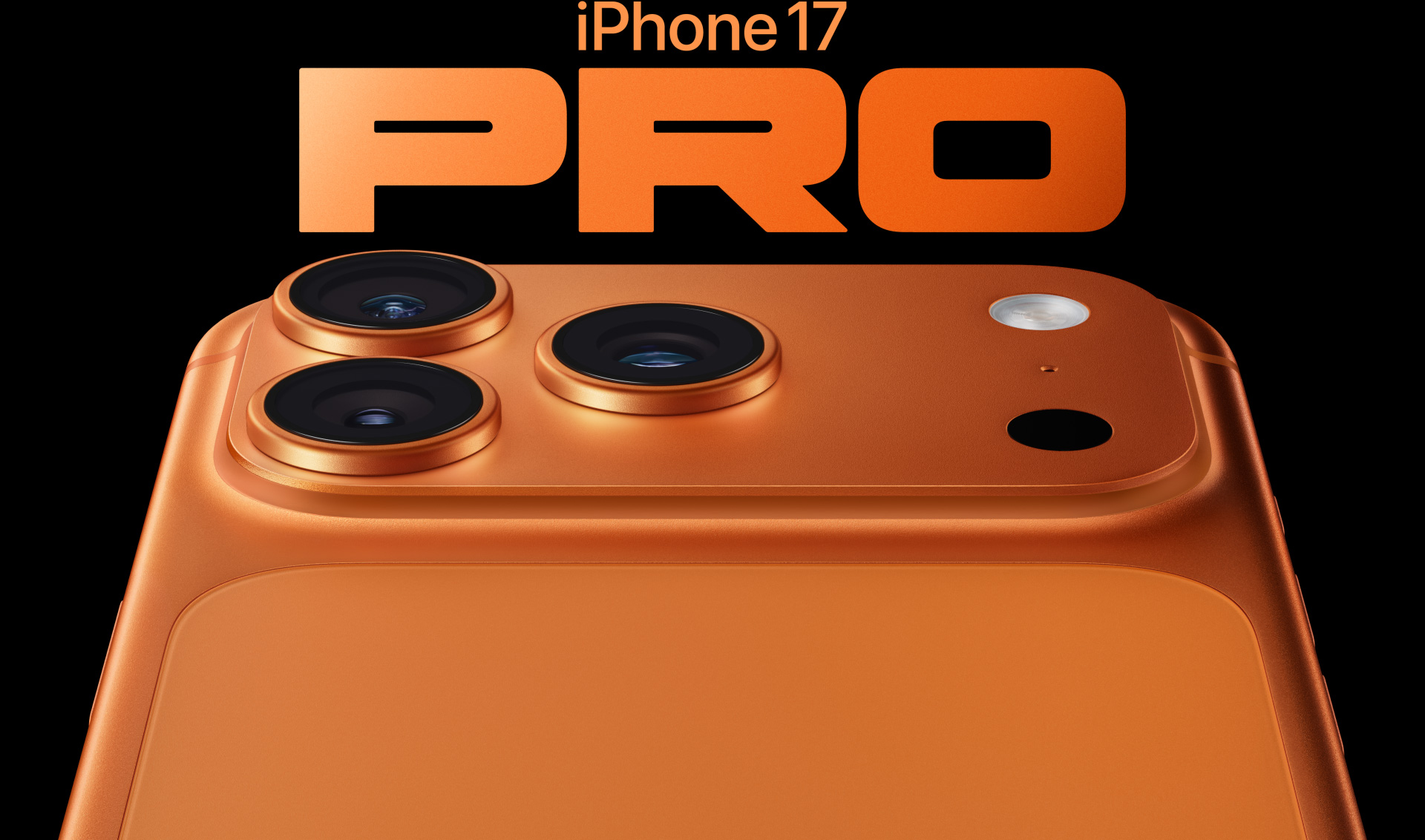 iPhone 17 Pro, cosmic orange finish, partial back exterior, pro camera system in top left corner, 3 lenses, microphone, flash