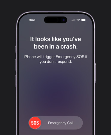 iPhone 17, voorkant, afgeronde hoeken, de feature Ongelukdetectie wordt gebruikt