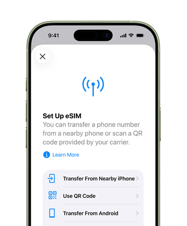 iPhone 17, voorkant, waarop een telefoonnummer met eSIM eenvoudig wordt overgezet via de feature Configureer mobiel netwerk