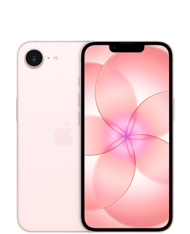 iPhone 17e, back exterior, soft pink color, Fusion camera at top left, centered Apple logo, front exterior, soft pink color, all-screen design