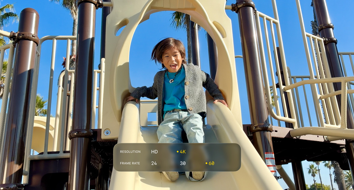 Stilstaand beeld uit een 4K-video, met opties voor video-opnamen zoals resolutie en framerate