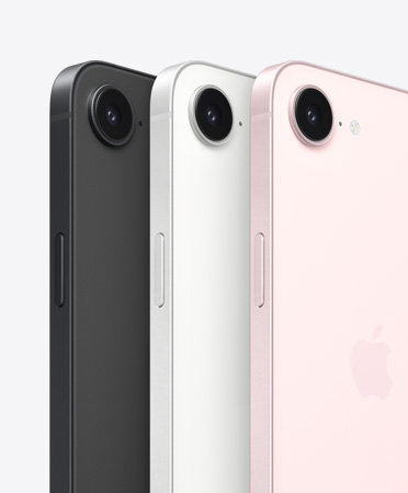 iPhone 17e, partes lateral y posterior, color negro, partes lateral y posterior, color blanco, partes lateral y posterior, color rosa pálido, cámara Fusion en la parte superior, botón lateral