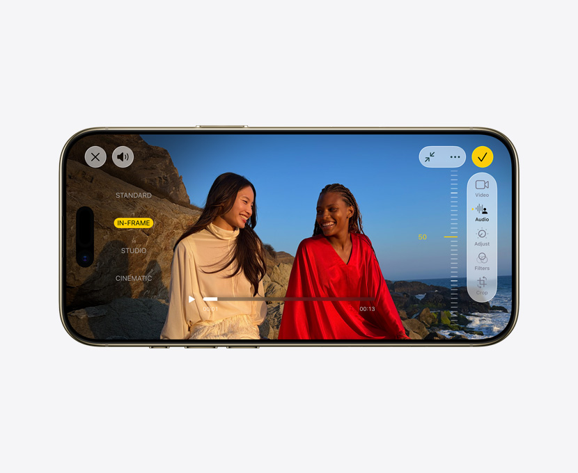iPhone Air, Vorderseite, das Feature Pro Video mit Audiomix wird verwendet