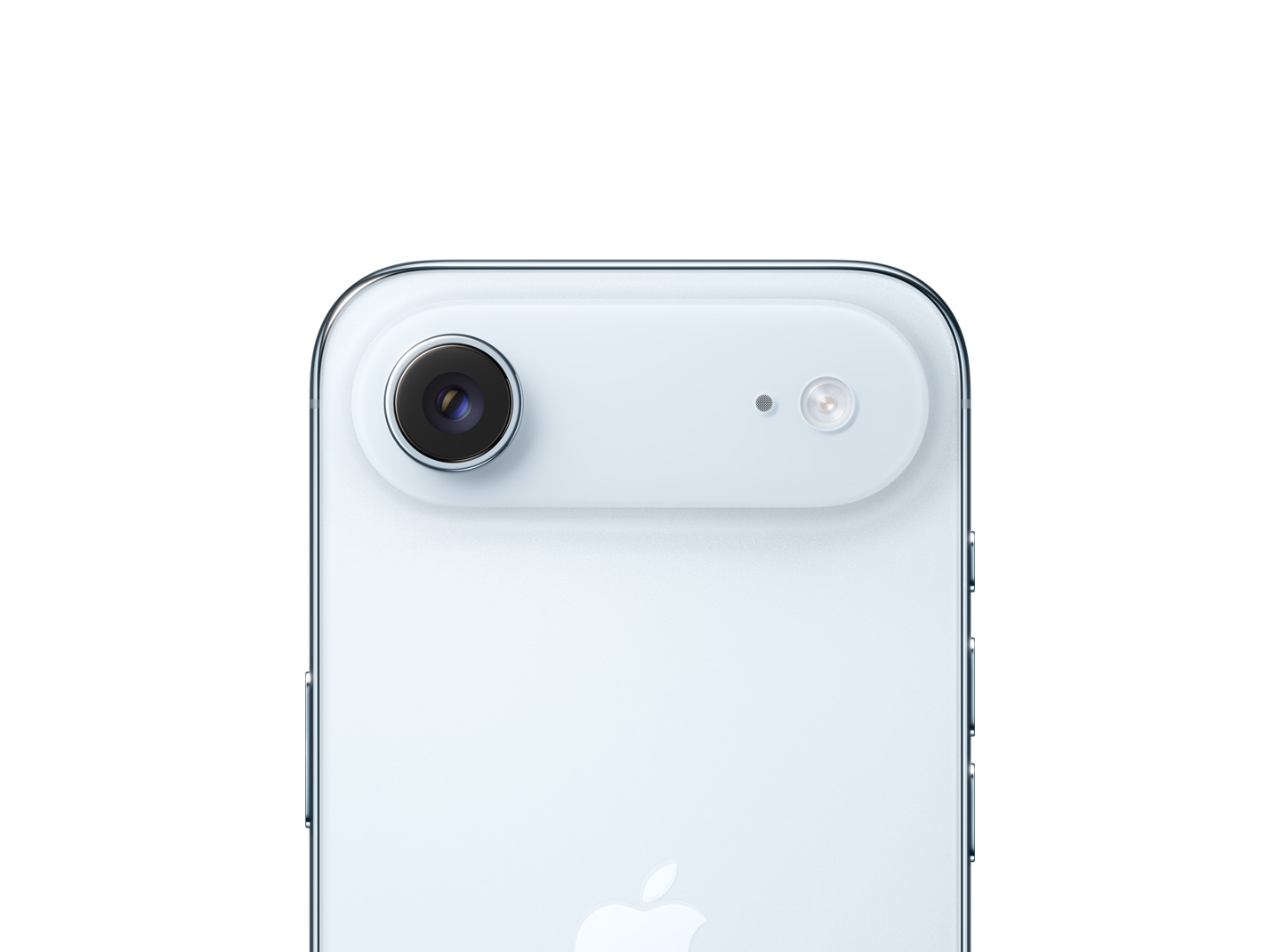 상단 플래토의 Fusion 카메라 시스템이 보이는 스카이 블루 색상 iPhone Air 뒷면