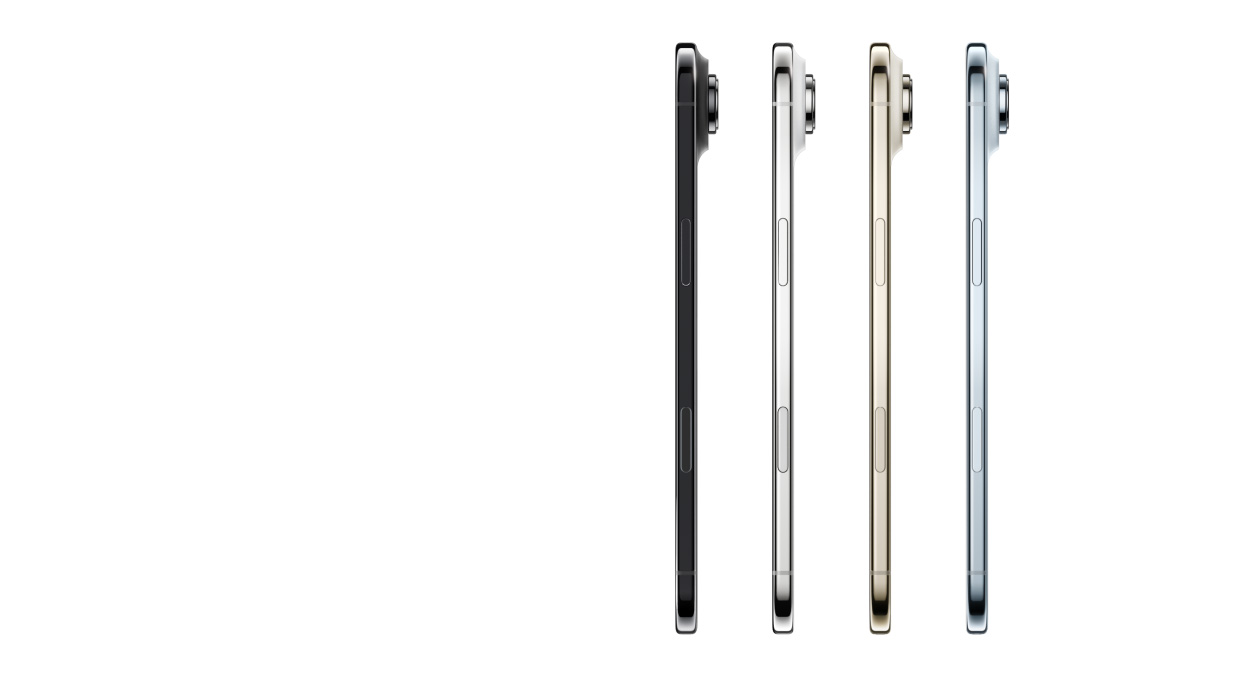 iPhone Air의 옆면. 스카이 블루, 라이트 골드, 클라우드 화이트, 스페이스 블랙 색상 기기의 매우 얇은 두께, Fusion 카메라 시스템, 측면 버튼, 카메라 컨트롤 버튼이 보입니다.