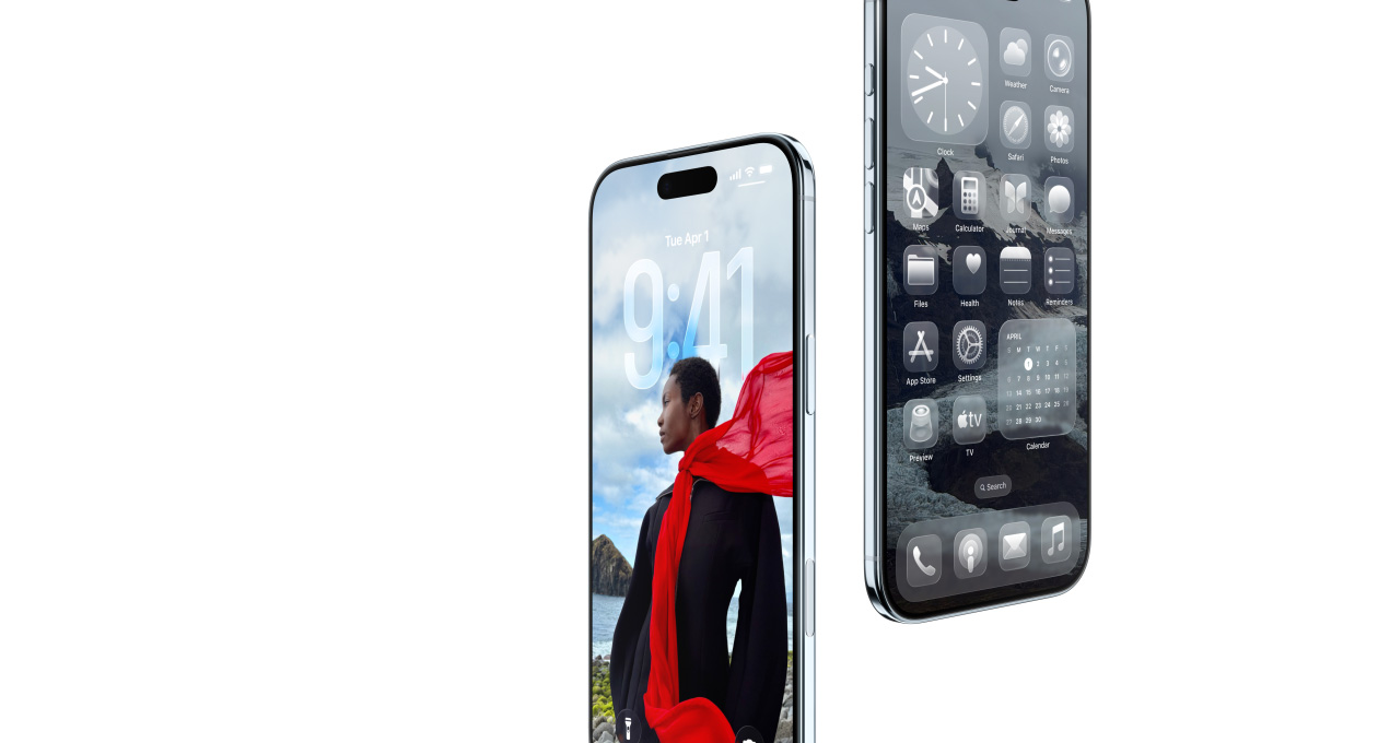To iPhone Air-enheter, fra forsiden, fra siden, tynn profil, dynamisk låst skjerm, Hjem-skjerm med Liquid Glass-apper