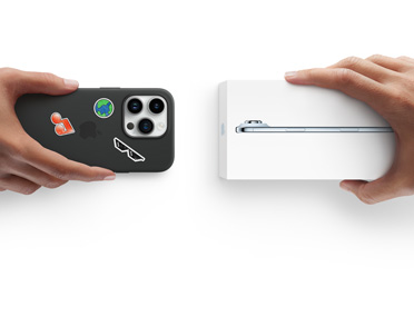 Side by side, hand holding iPhone 13 in silicone case with stickers on back exterior, trade-in with hand holding new iPhone box for iPhone 17