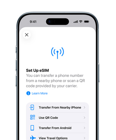 Skjermen på iPhone Air viser funksjonen Konfigurer mobildata, som gjør det enkelt å overføre et telefonnummer med eSIM