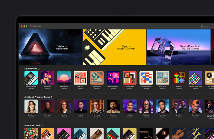 Mac screen showing dozens of different soundpacks artist and producer packs and instrument packs