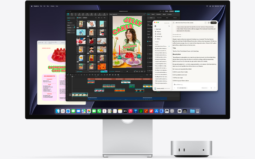 Mac mini front, tucked under Studio Display, screen shows Perplexity Personal Computer, CapCut, and Pages running in macOS environment