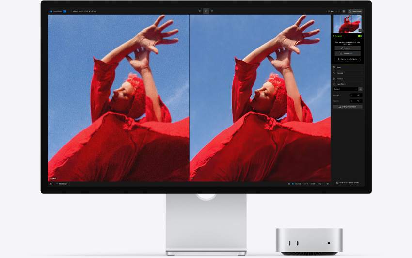 Mac mini front, tucked under Studio Display, Topaz Photo app running in macOS environment