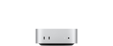 Mac mini, front, two Thunderbolt ports, status indicator light and headphone jack, tapered black base at bottom, flat top, rounded sides, straight edges, silver color